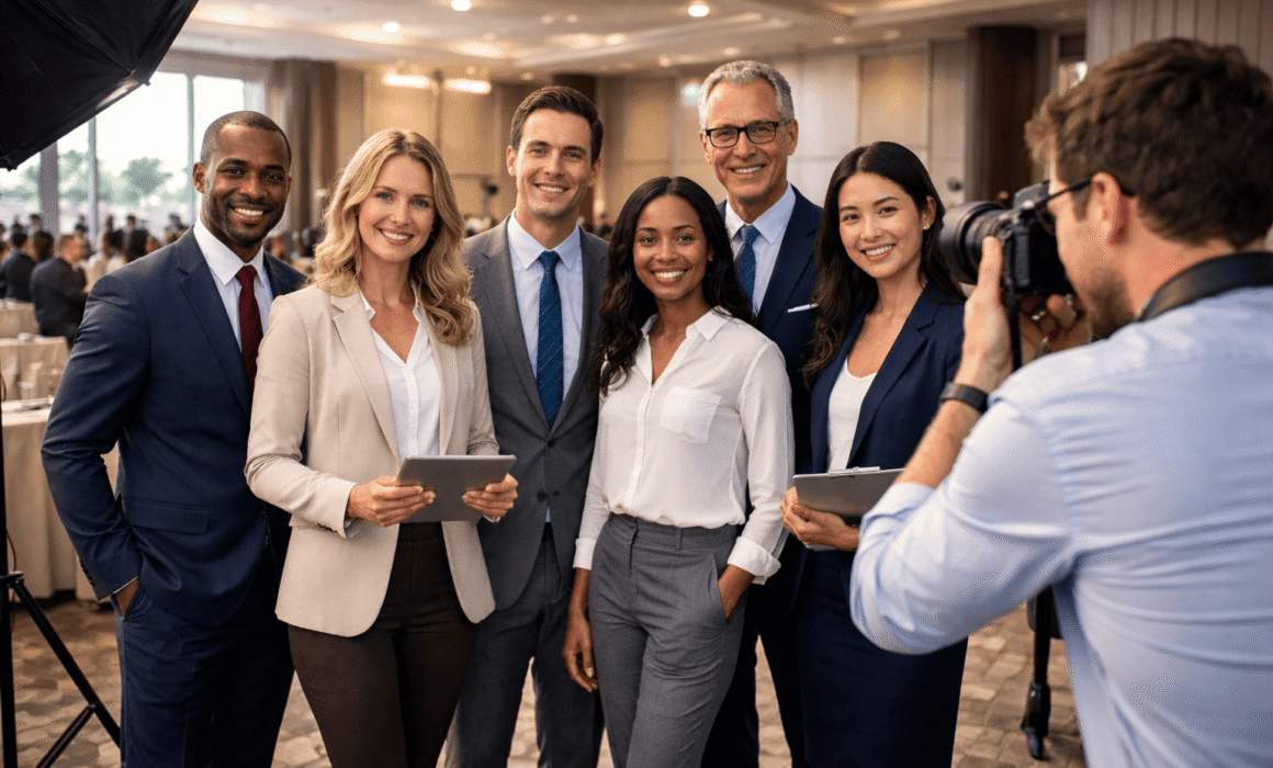 Backstage of a photographer taking a photo of a corporate team